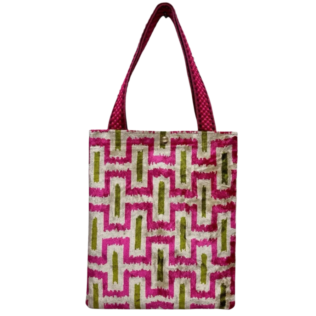 Fuchsia stepped labyrinth silk velvet shoulder bag with olive bars