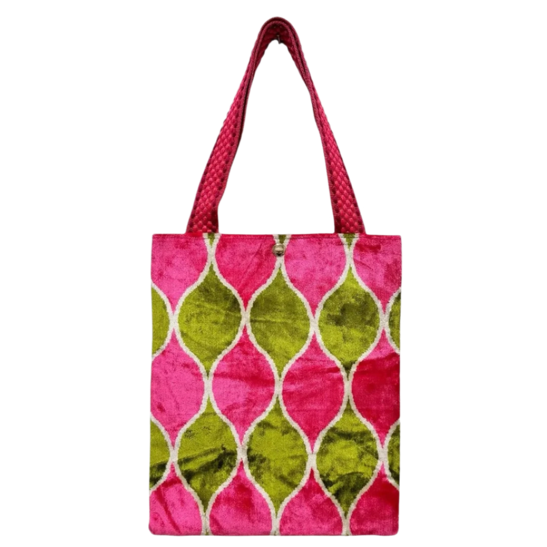 Fuchsia and olive ogee tile silk velvet shoulder bag