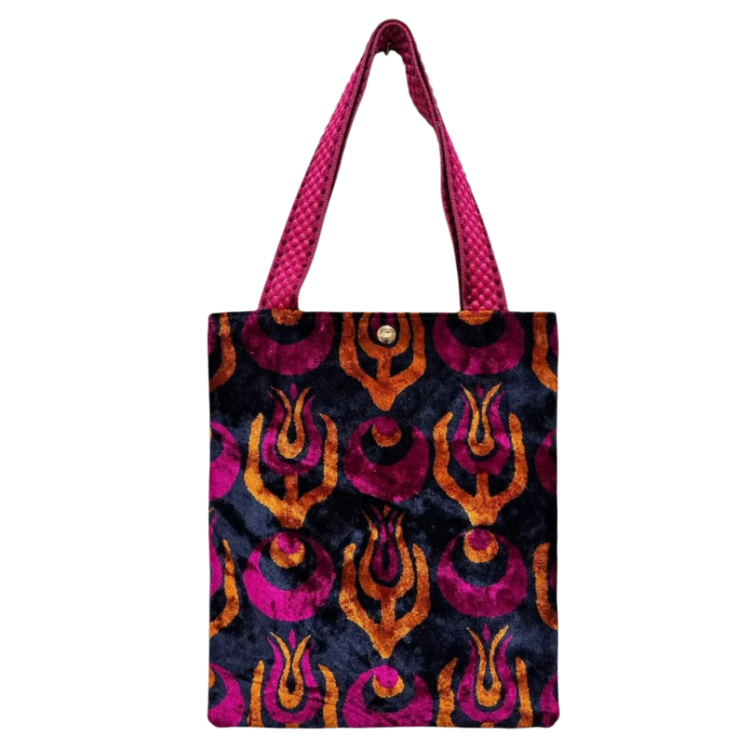 Indigo silk velvet shoulder bag with tulips over crescent roundels