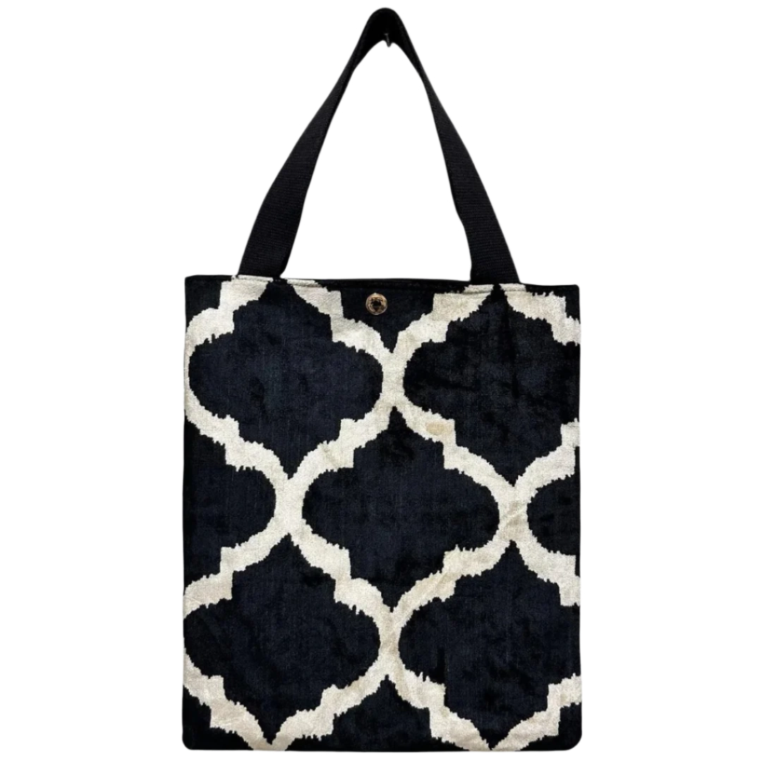 Navy silk velvet shoulder bag with an ivory Moroccan lantern trellis pattern
