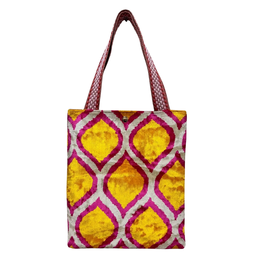 Saffron yellow silk velvet shoulder bag with a pink and ivory ogee lattice