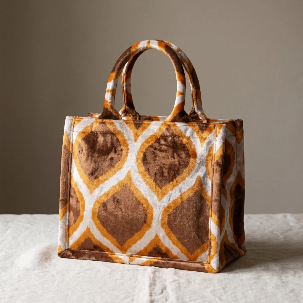 Three-quarter view of the Amber Drop silk velvet tote showing its boxy shape, side panel and rounded handles
