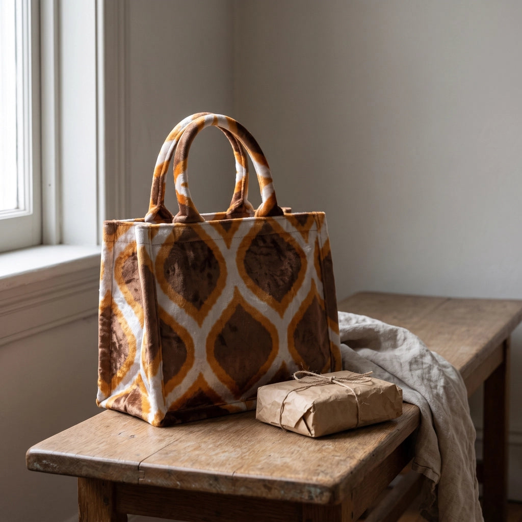 Amber Drop silk velvet tote bag on a wooden bench beside a kraft-wrapped gift, handmade in Türkiye