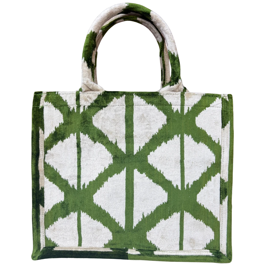 Green and cream painterly lattice silk velvet tote bag with matching handles, front view