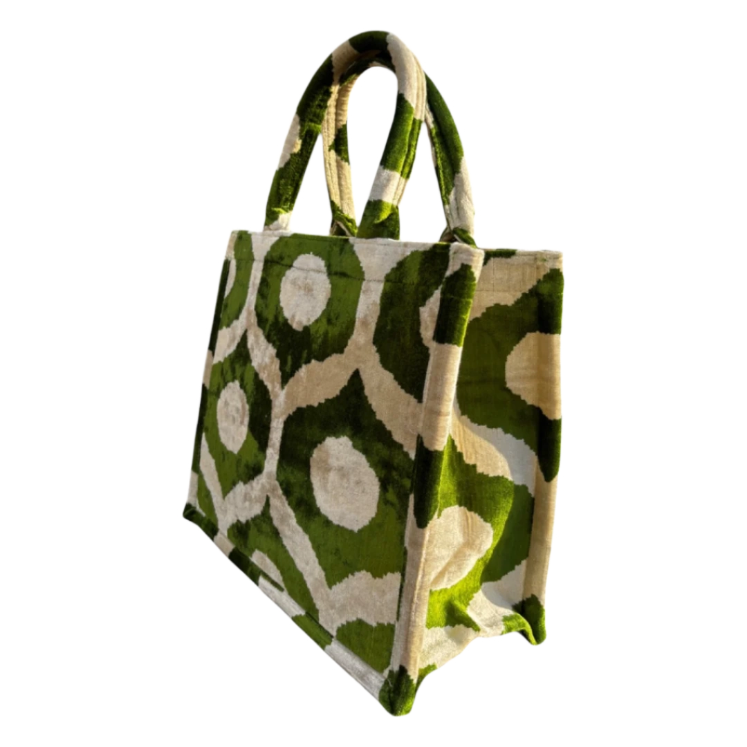 Side view of the Classic Pattern silk velvet tote showing its boxy base and gusset