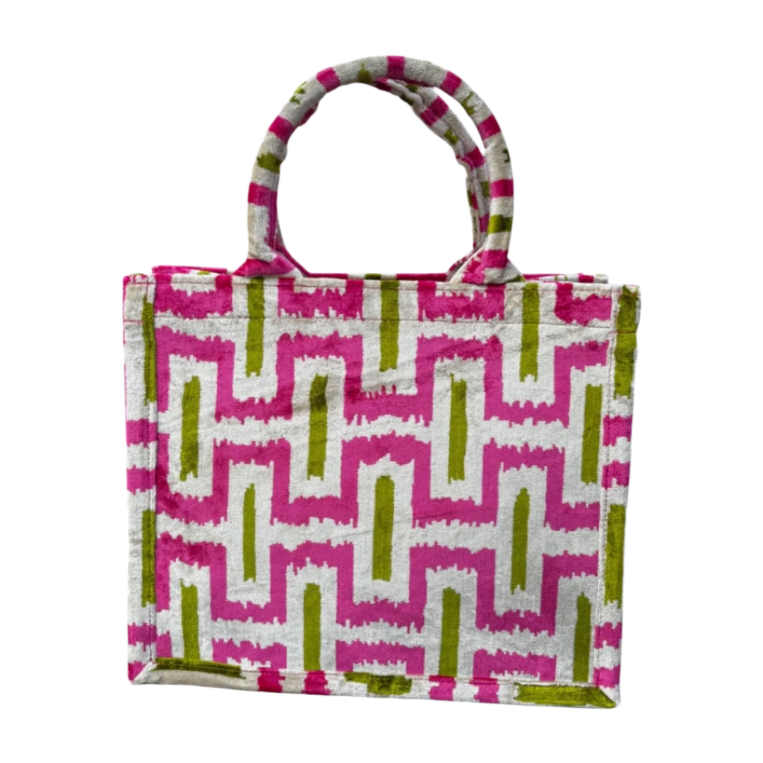 Fuchsia and green stepped labyrinth silk velvet tote bag with matching handles, front view