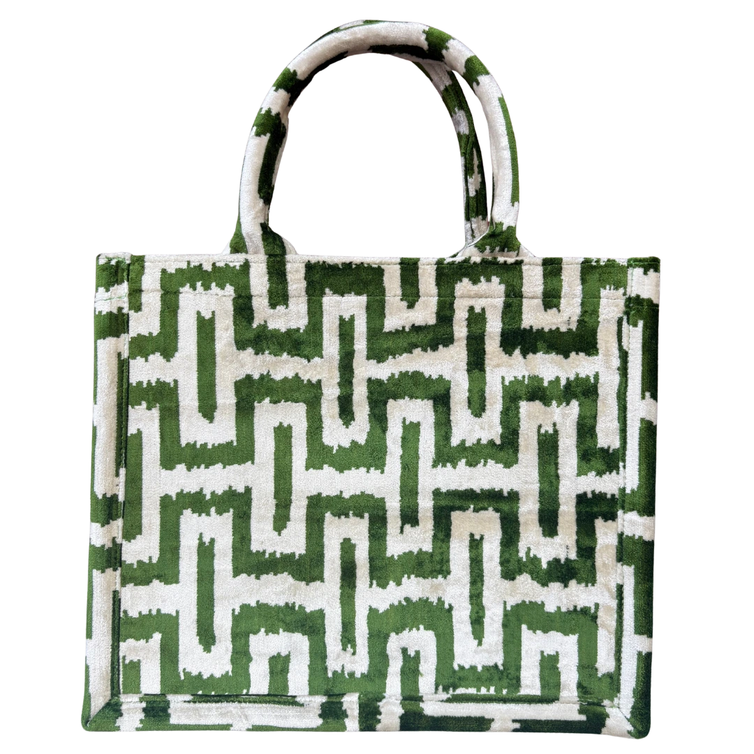 Olive and cream Greek key labyrinth silk velvet tote bag with matching handles, front view