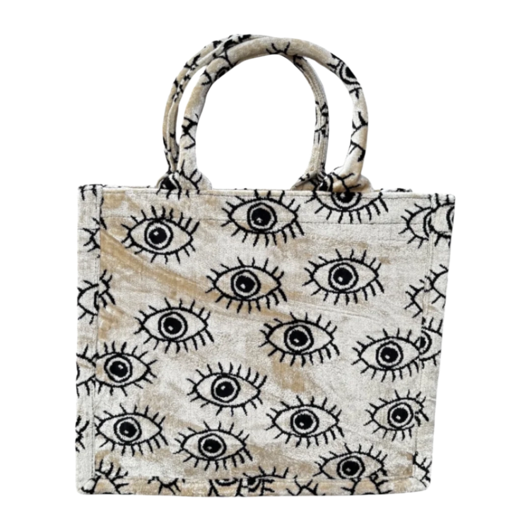 Ivory and black nazar evil eye silk velvet tote bag with matching handles, front view
