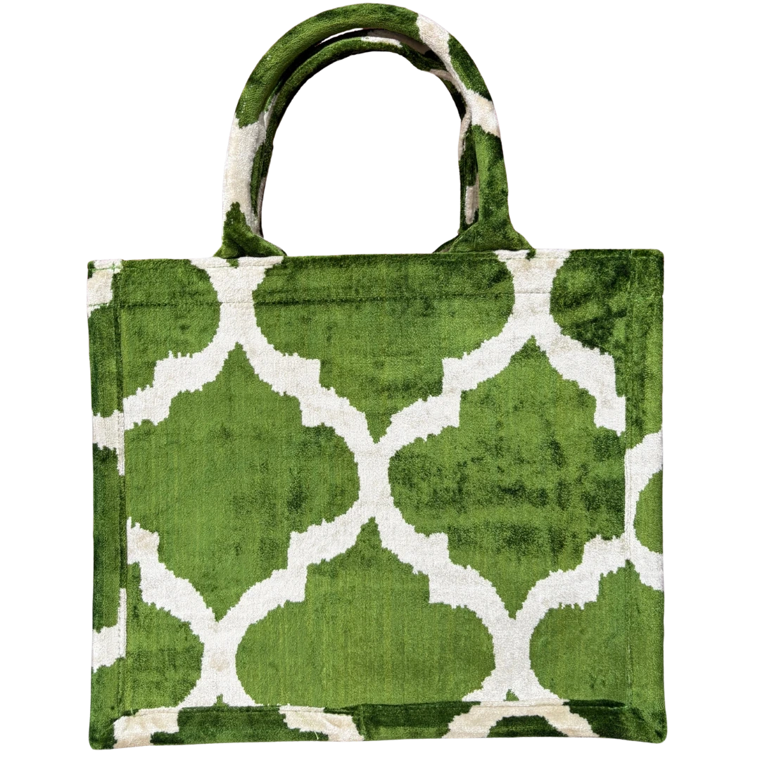 Olive and cream Moroccan trellis silk velvet tote bag with matching handles, front view