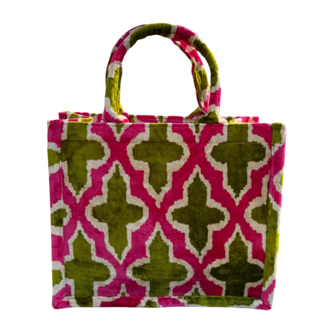 Pink and olive Moroccan trellis silk velvet tote bag with matching handles, front view