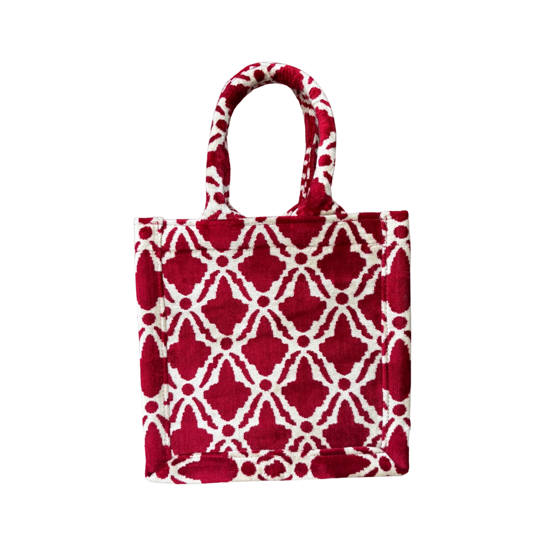 Ruby red and cream lattice trellis silk velvet tote bag with matching handles in the small size, front view