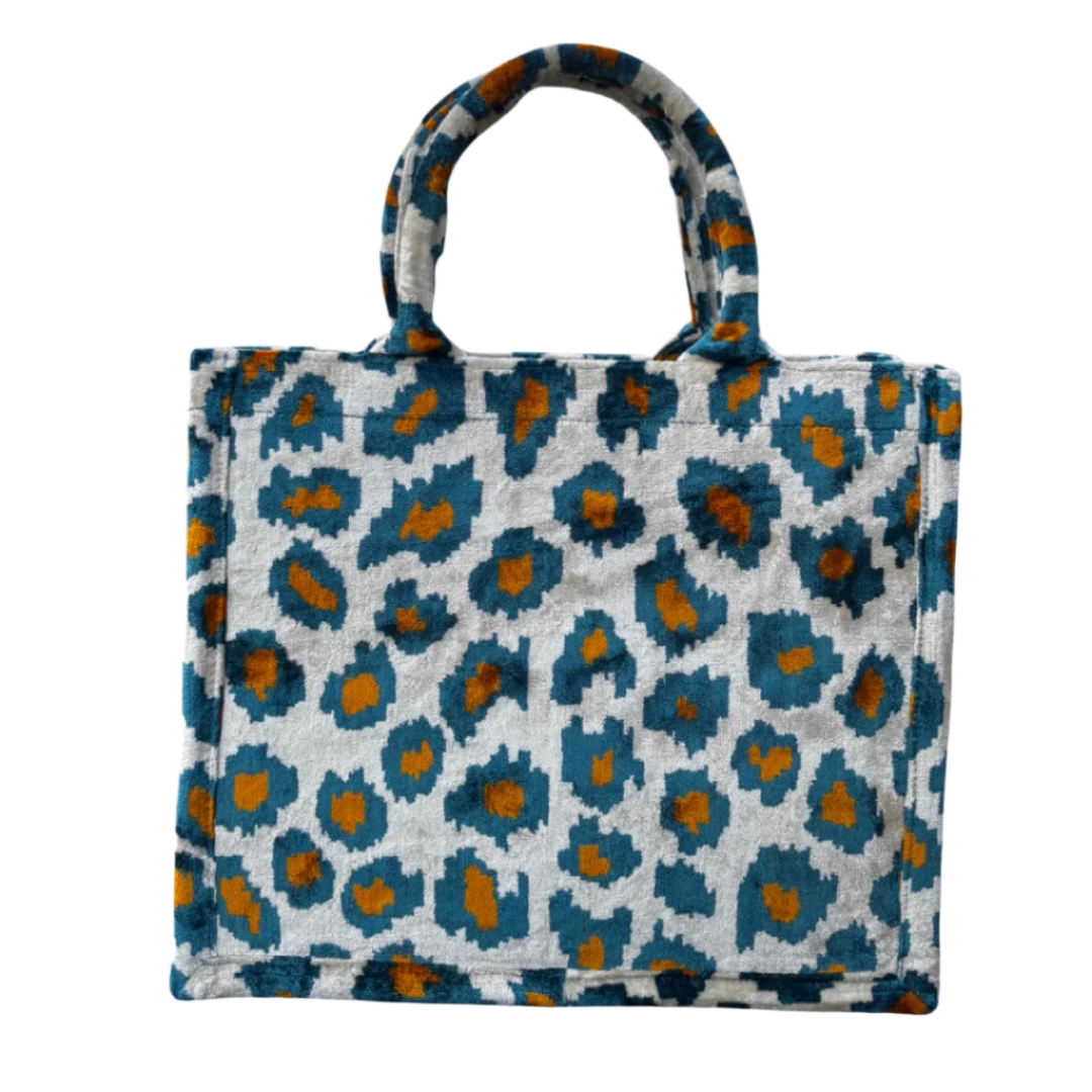 Steel blue and amber leopard silk velvet tote bag with matching handles, front view