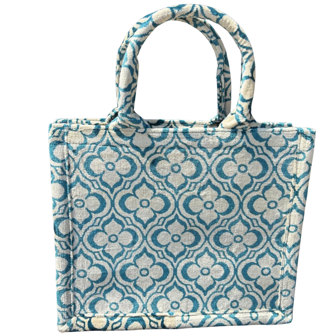 Teal and cream floral medallion silk velvet tote bag with matching handles, front view