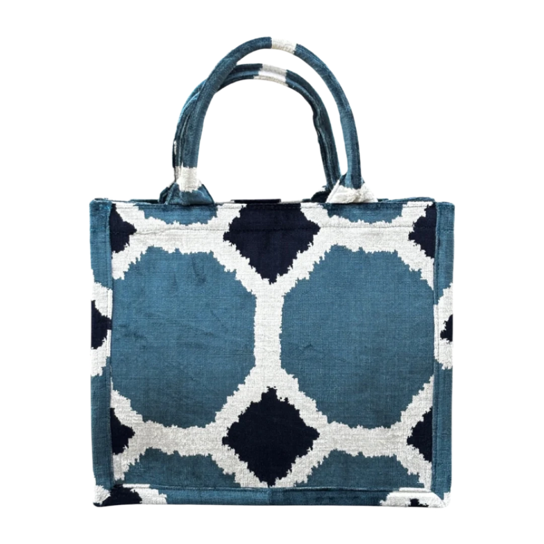 Teal, navy and ivory octagon lattice silk velvet tote bag with matching handles, front view