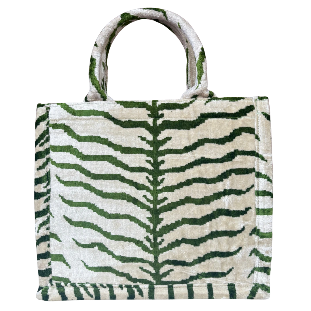 Green and cream wavy Tigris stripe silk velvet tote bag with matching handles, front view