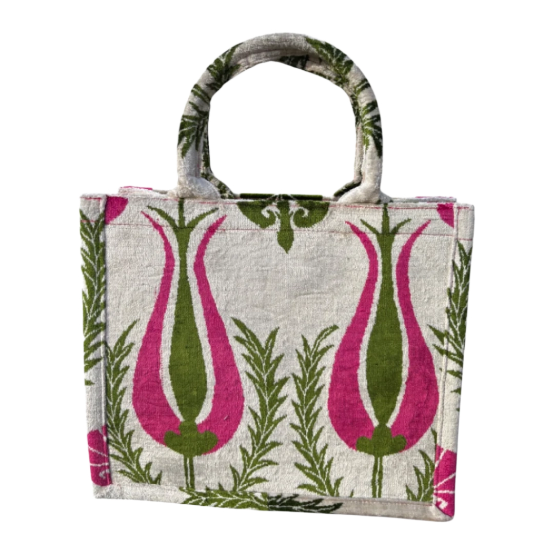 Cream, pink and green Ottoman tulip silk velvet tote bag with matching handles, front view